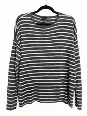 Eileen Fisher Striped Charcoal Gray Cream Lightweight Sweater, M